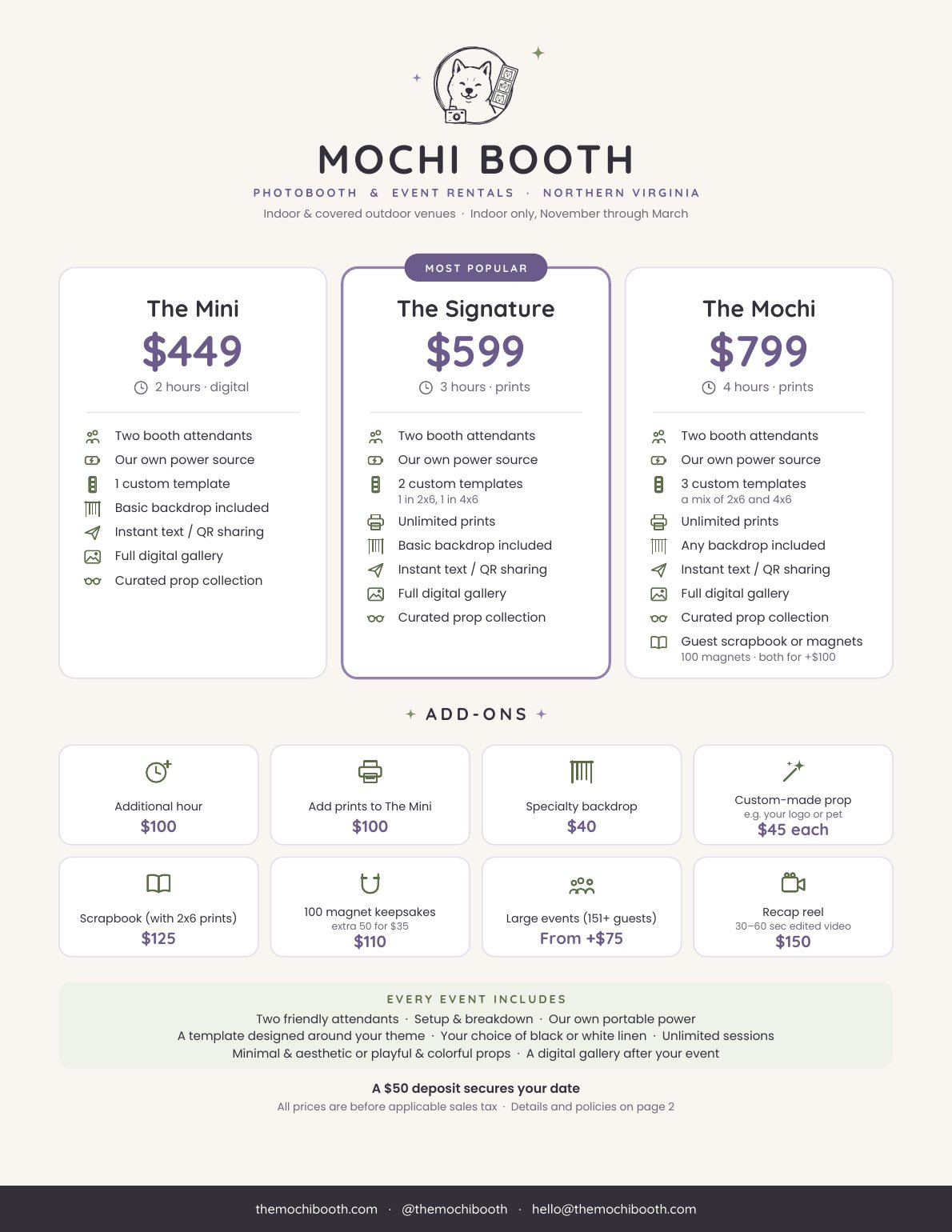 Packages: The Mini $449 for 2 hours digital, The Signature $599 for 3 hours with prints, The Mochi $799 for 4 hours with prints, plus add-ons