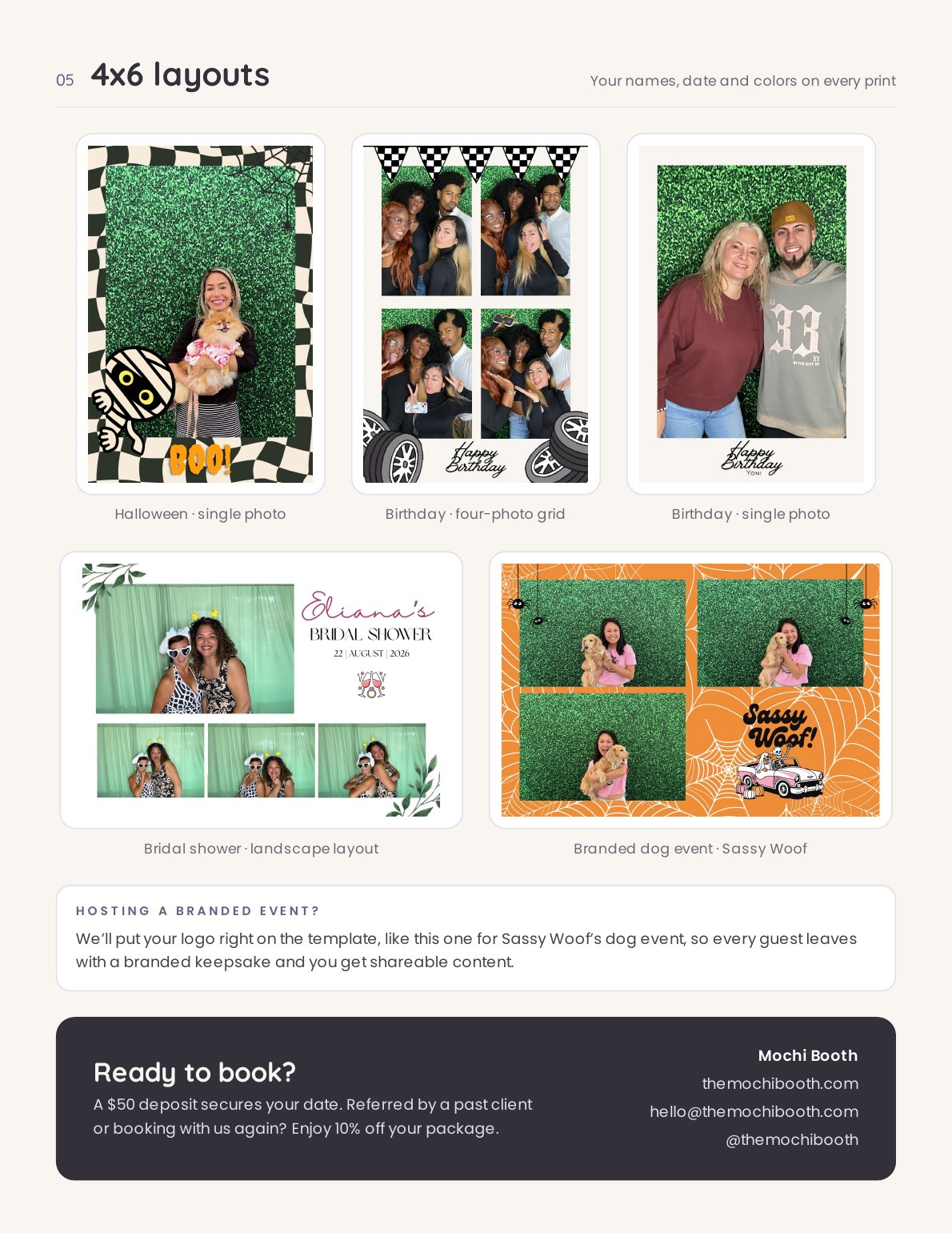 4x6 layout examples for birthdays, Halloween, a bridal shower and a branded dog event